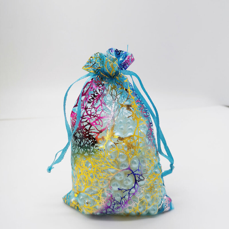 Blue Coral Organza Drawstring Bolsa Bag, Organizador De Jóias, Caixa De Presente, Qua De Natal Exibição De Embalagem Sacos, 100Pcs