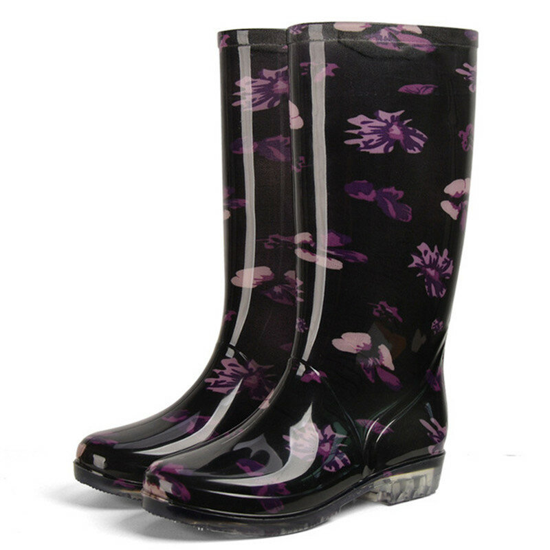 Rouroliu Women's Printed High Rainboots Waterproof Water Shoes Wellies Non-Slip PVC Rain Boots Woman RB268
