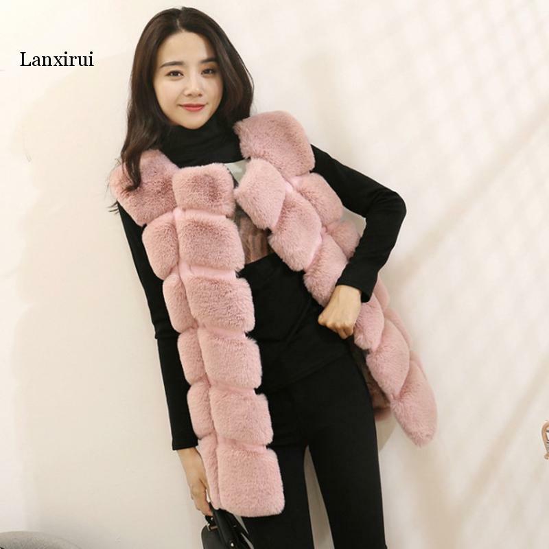 Lanxirui-Chaleco de piel sintética para mujer, chaqueta sin mangas para otoño e invierno, abrigo informal de piel cálida, abrigos rosas