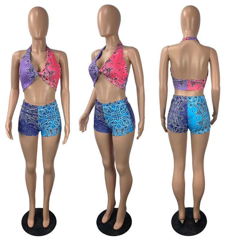 Workout Bandana Print Summer Two Piece Sets Women Sexy Halter Bra Crop Top Shorts Outfit Beach Matching Set Sportwear Tracksuit