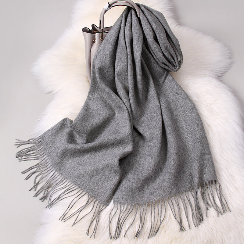 Bufanda de lana pura para mujer, calentador de cuello con borlas, Pashmina, Fular de Cachemira Merina para invierno, 100%