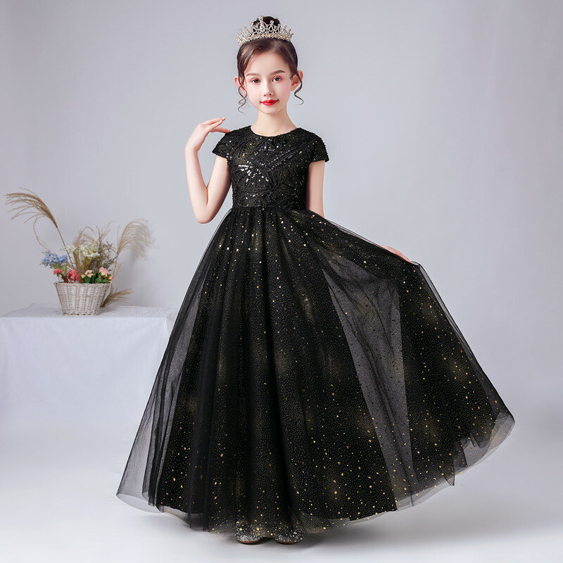 Muslimy Sparkly paillettes Black Flower Girl Dress Concert Dress Junior Tulle Long Birthday Party Princess Gown
