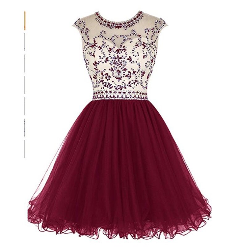 Cổ Tròn Burgundy Homecoming Đầm Lớn Đính Hạt Voan Ngắn Choàng Hở Lưng Áo Dây De Soiree