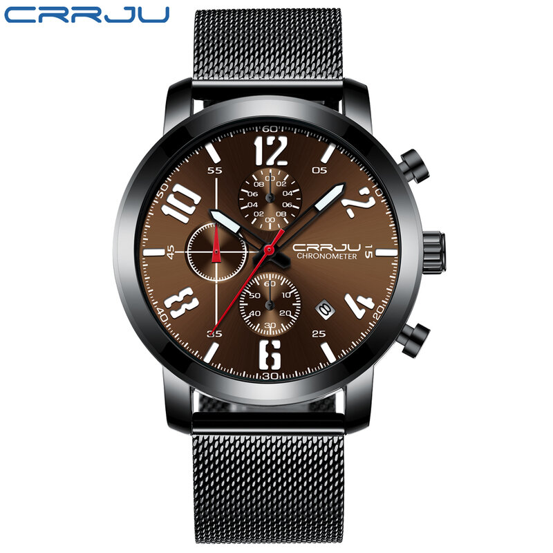Zegarek męski nowy CRRJU Top marka ze stali nierdzewnej wodoodporny chronograf zegarki z datą mężczyzna biznes kwarcowy zegarek reloj hombre