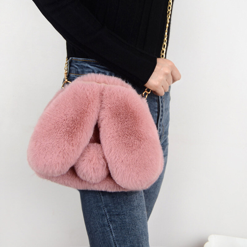 Faux Fur Crossbody bags for Women 2020 Winter Soft Plush Chain Shoulder Messenger Bag Cute Rabbit Girls Hand Bags Purse SacFemme