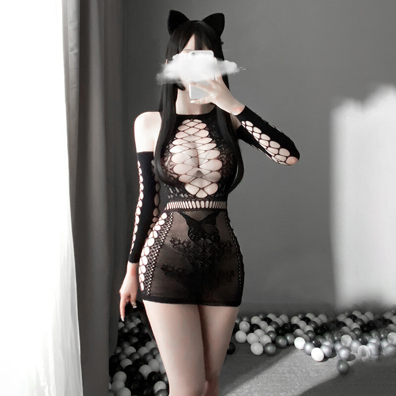 Fantasia de meia-calça para cosplay de gato, lingerie sexy de kawaii, tiara com rabo peludo, preto e branco, conjunto de temperatura quente, roupa para mulheres