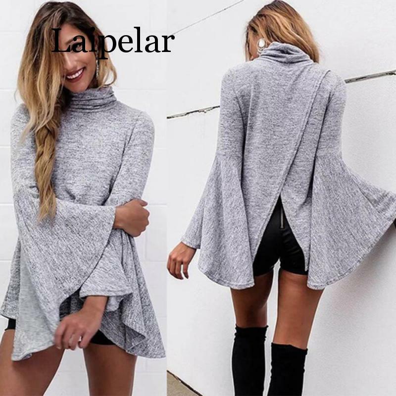 Autumn Gray 2020 Turtleneck Casual Women Blouse Long Sleeve Knitted Winter Back Slit Office Work Ladies Blusas Shirt Tops