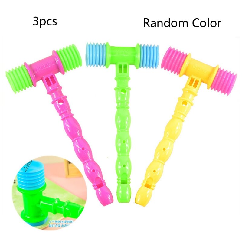 Confezione da 3 pezzi giocattolo martello fischio per culla infantile carnevale festa di compleanno Squeaker incorporato testa di sicurezza colori casuali