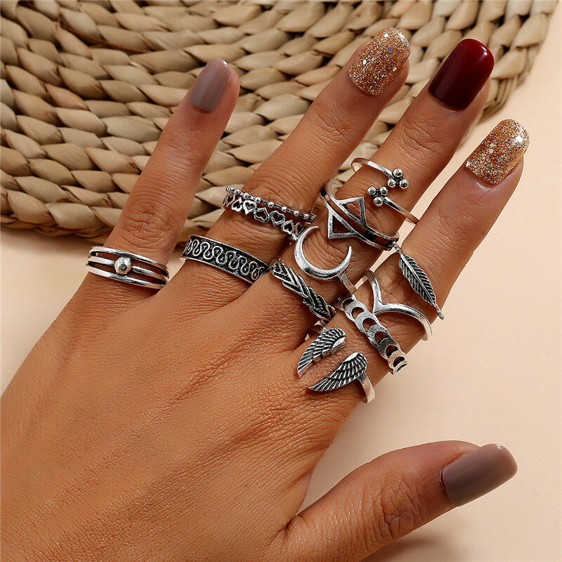 Letfi 12 шт./компл., винтажное серебряное кольцо в стиле панк для женщин, Ретро стиль, крылья, треугольная луна, геометрическое сердце, лист, v-обр...