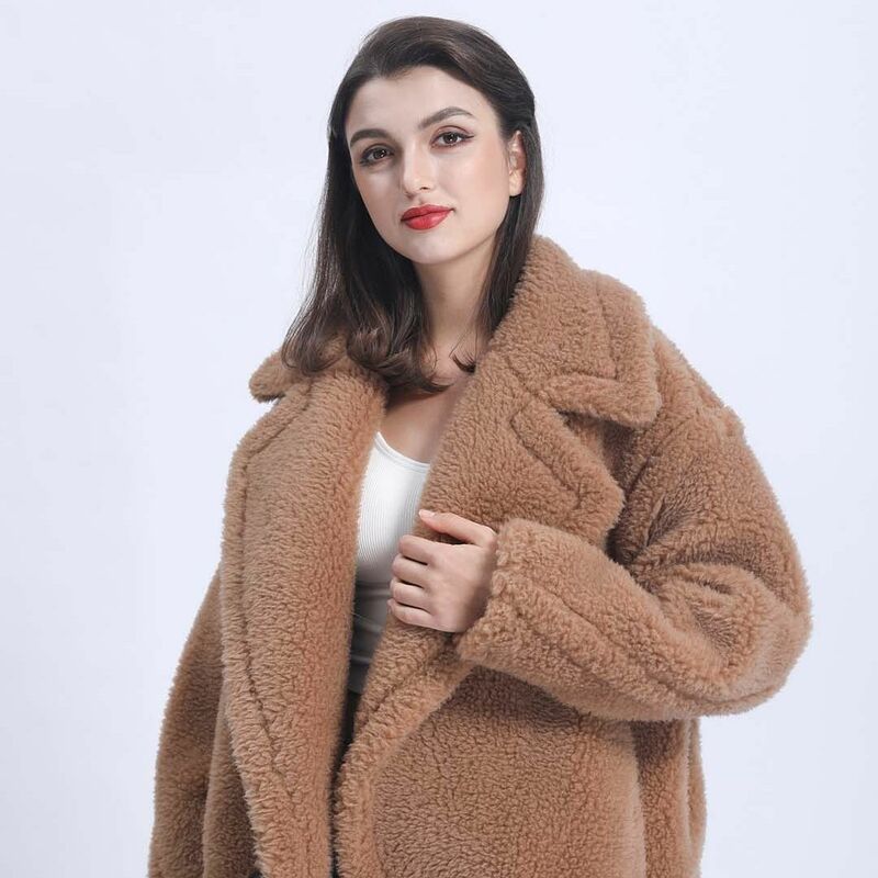 Women 2021 Winter Fashion Real Sheep Skin Overcoat Female Shearing Jacket Casual Warm Turn-down Collar Teddy Coat