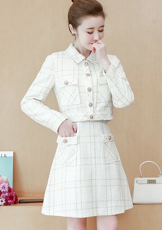 2022 Korea Elegant 2 Piece set Women Plaid Tweed Lapel Long Sleeve Jacket Coat + Retro Fashion sleeveless A-Line Dress Suit