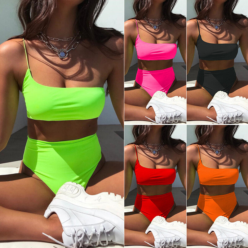 2019 летние одноцветные пляжные купальники для женщин, сексуальный купальник с бретельками, стринги с высокой талией, наборы Бикини неоновог...