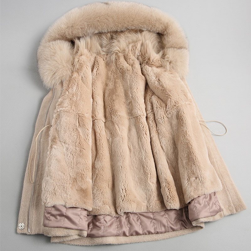Casaco de lã boollili feminino real rex pele de coelho forro 2023 alpaca casacos de lã natural pele de raposa com capuz jaqueta de inverno