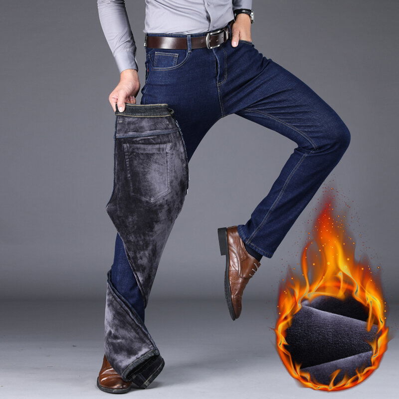 2023 Зимние новые мужские теплые облегающие джинсы, деловые Модные Плотные джинсовые брюки, флисовые Стрейчевые Брендовые брюки, черные, синие