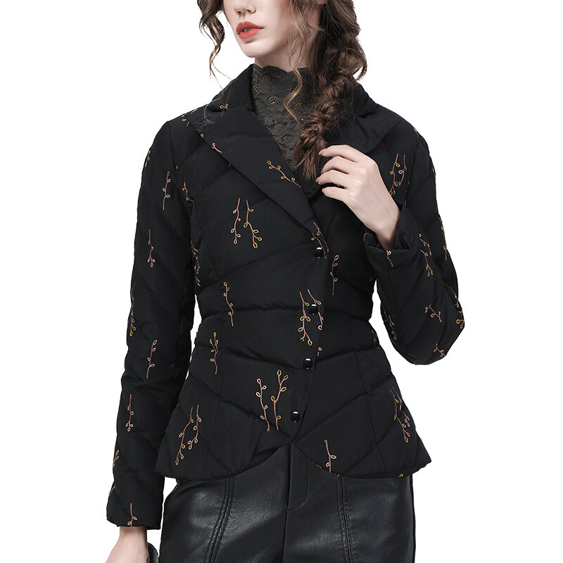 Fashion Suit Collar Vintage haftowane damskie zimowe ocieplane kurtki wąska krótka ciepła zagęszczona biała puchowa ocieplana kurtka 2021 nowość