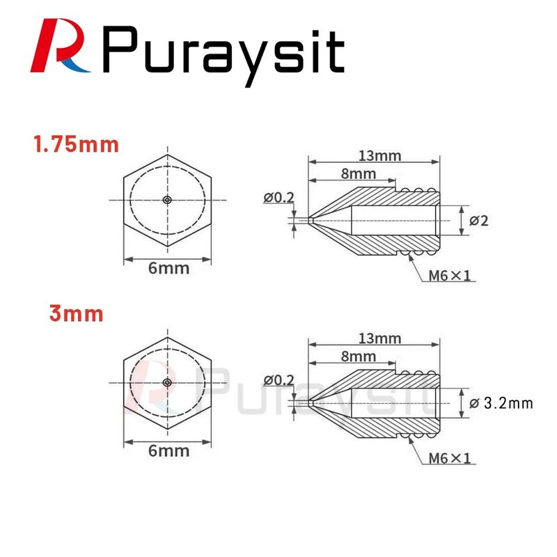 Puraysit 3D 프린터 액세서리, MK8 뾰족한 황동 노즐, 1.75 3.0mm 압출기 전용 외부 나사, 30 개