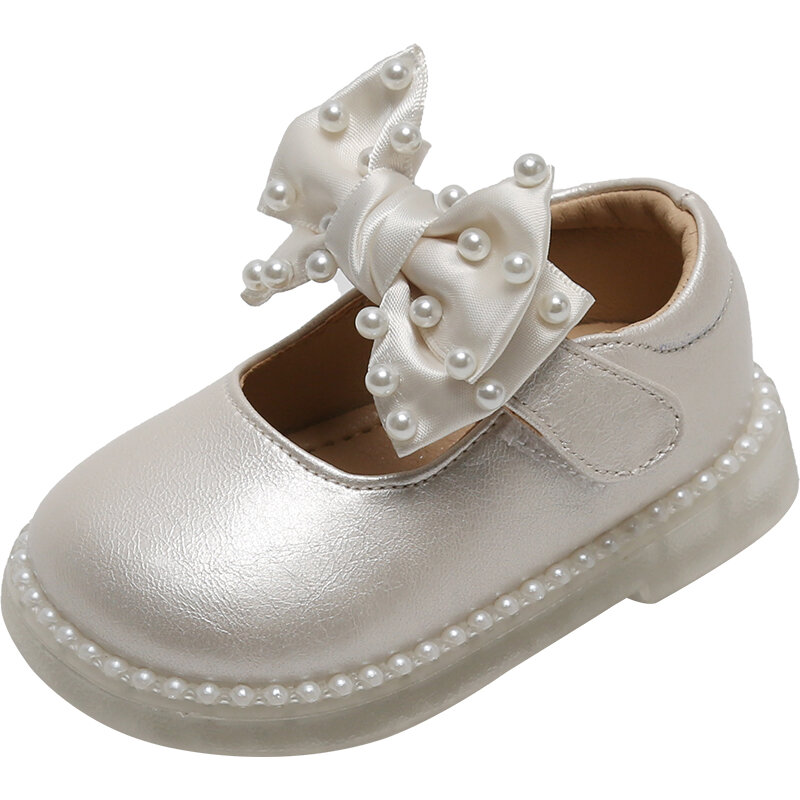 11.5-15.5cm Marca Infantil Baby Girls Soft Sole Bowknot Princesa Vestido de Noiva Flats Prewalker Newborn Pearls Toddler Autumn Shoes