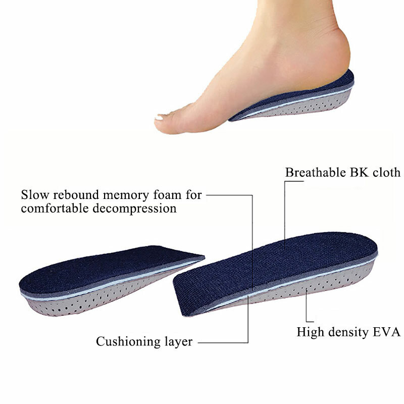 Height Increase Half Shoe Insoles Heel Insert Sports Shoes Pad Cushion Arch Support Unisex 2-5 CM Invisible Heighten Sole Insole