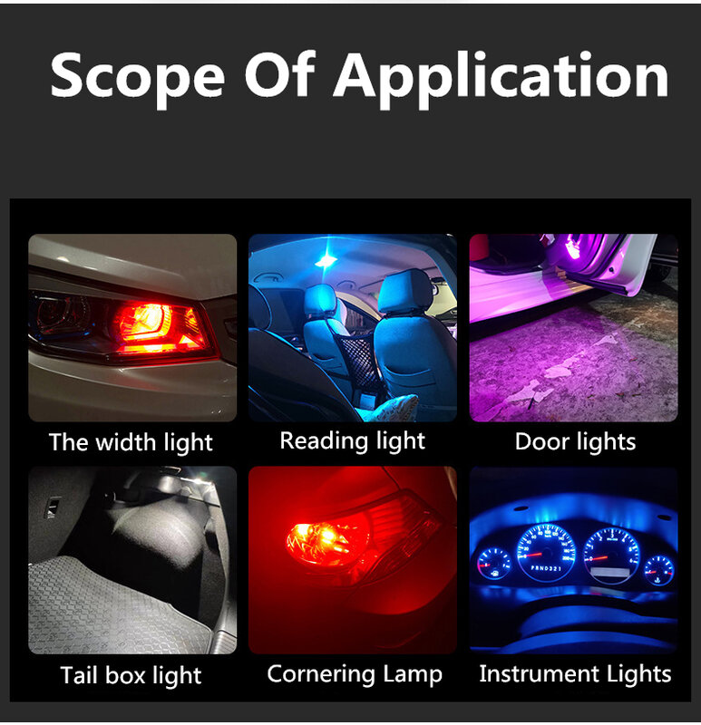 Bombilla LED de resina epoxi para coche, luz blanca de lectura con indicador de cúpula, Cob, 12V, 6000K, 7 colores, W5W, T10, 2 piezas