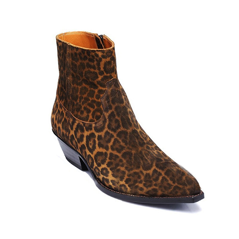Homens pista de luxo marca leopardo impresso botas chelsea apontou toe vaca camurça cowboy tornozelo botas 2023 verão vestido botas mais tamanho