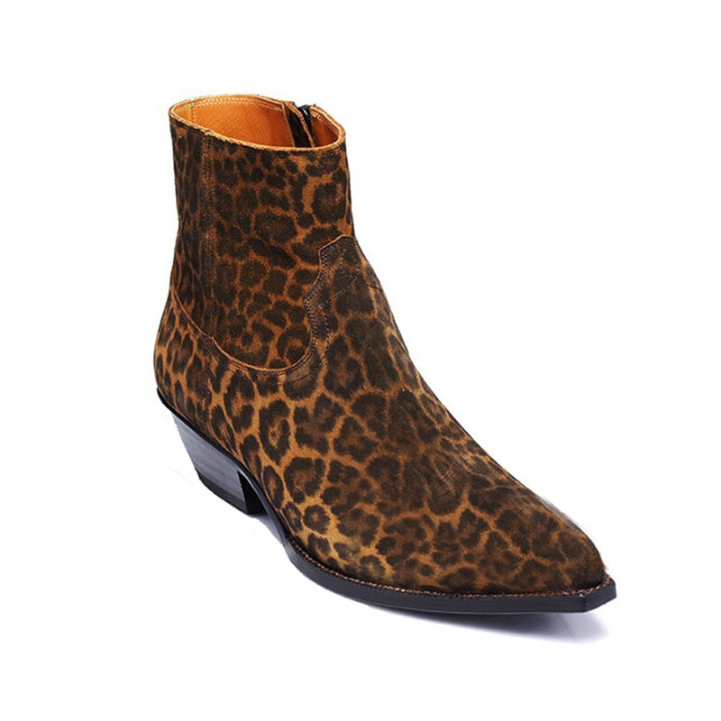 Männer Runway Luxus Marke Leopard Gedruckt Chelsea Stiefel Spitz Kuh Wildleder Cowboy Stiefeletten 2023 Sommer Kleid Botas Plus größe