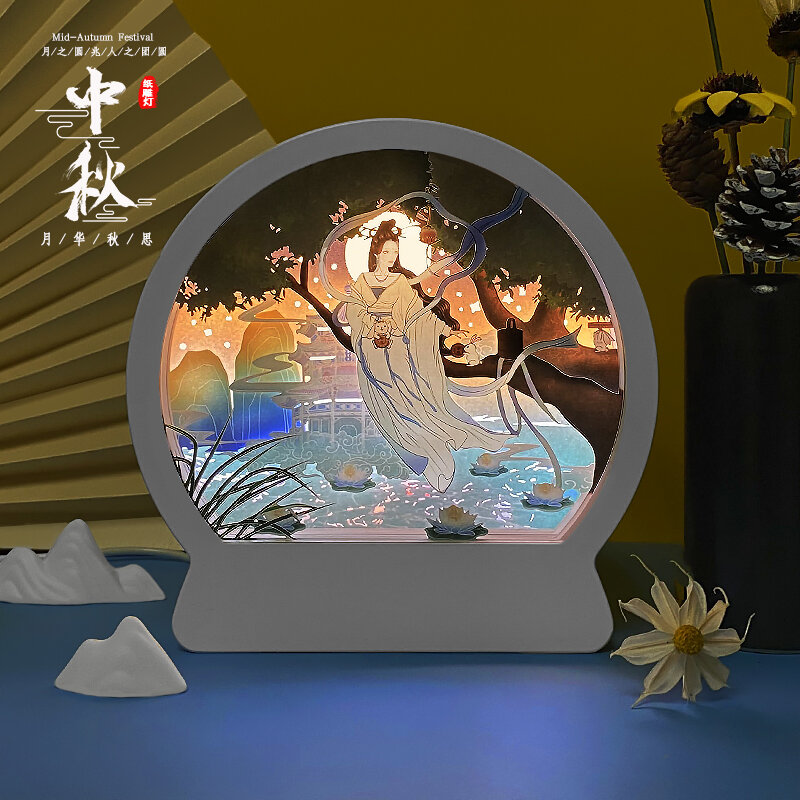 Lampu Malam Lampu Led Lampu Meja Bingkai Kotak Bayangan Bingkai Foto DIY Melukis Dekorasi Ruang Estetika Lampu Bulan Setengah Lingkaran Lampu Anime
