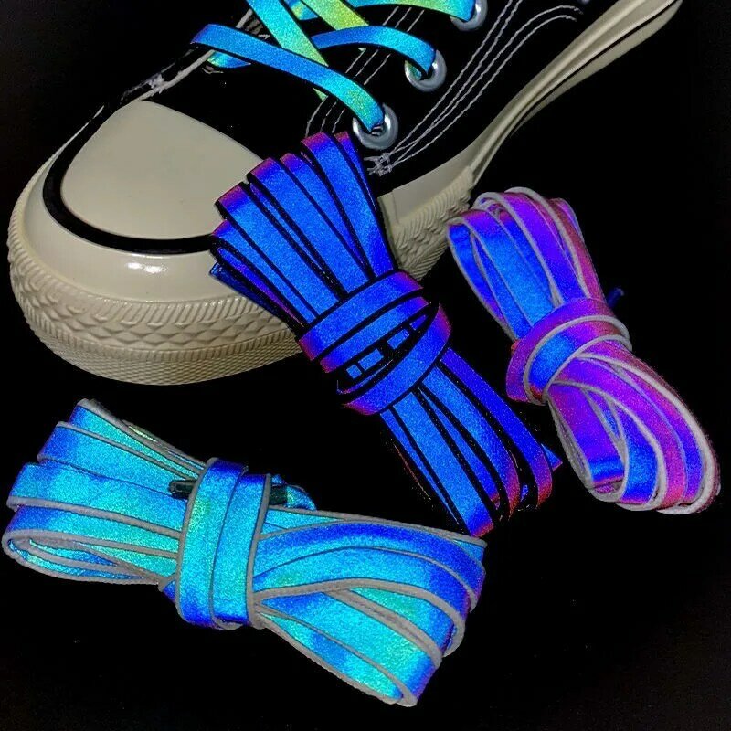 Cordones reflectantes holográficos para zapatillas, cordones planos reflectantes de doble cara de alto brillo, novedad