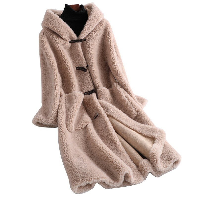 Jaqueta longa de lã de ovelha shearling, casaco de pele real, casacos casuais, estilo coreano, alta qualidade, inverno, novo, 2022