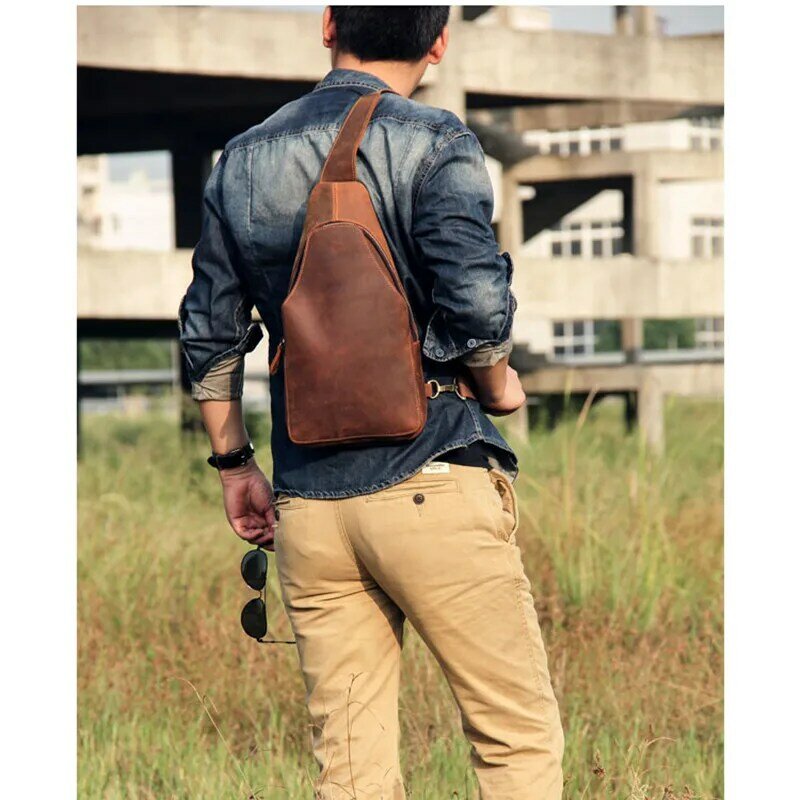 Retro fashion high-quality crazy horse leather men's large-capacity chest bag casual daily multi-function cowhide crossbody bag
