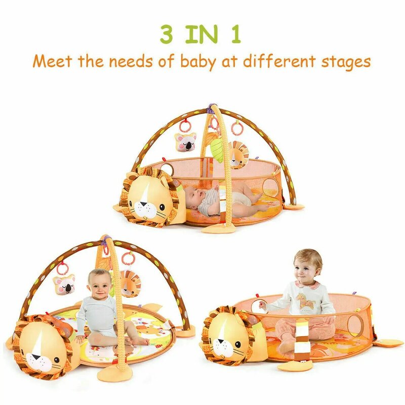 3 in 1 Cartoon Lion Baby Infant Activity Gym Play Mat w Hanging Toys Ocean Ball BB4892