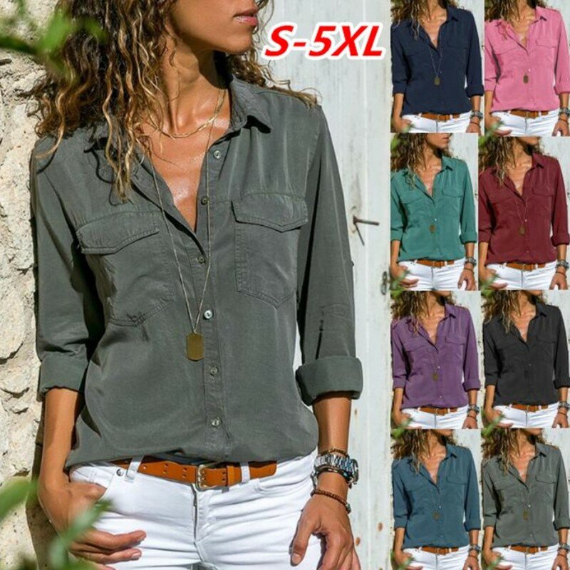 Blusa Casual de manga larga para mujer, tops de mujer, camisas de bolsillo, blusa de oficina, blusas y tops de mujer de talla grande 5XL
