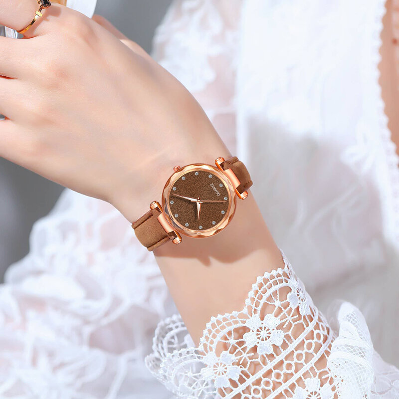 ساعة يد كوارتز نسائية رومانسية مرصعة بالنجوم ساعة يد نسائية ماسية من الجلد فستان بسيط للنساء