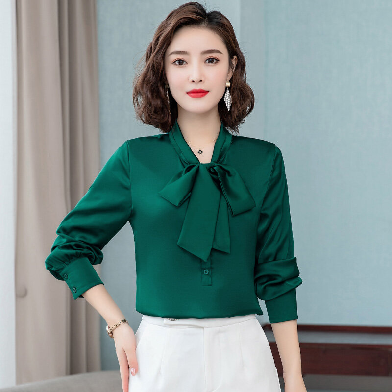 Elegante camicetta da donna in raso di seta con fiocco di colore brillante camicetta a maniche lunghe moda coreana da ufficio camicia da lavoro da donna top femminili di base