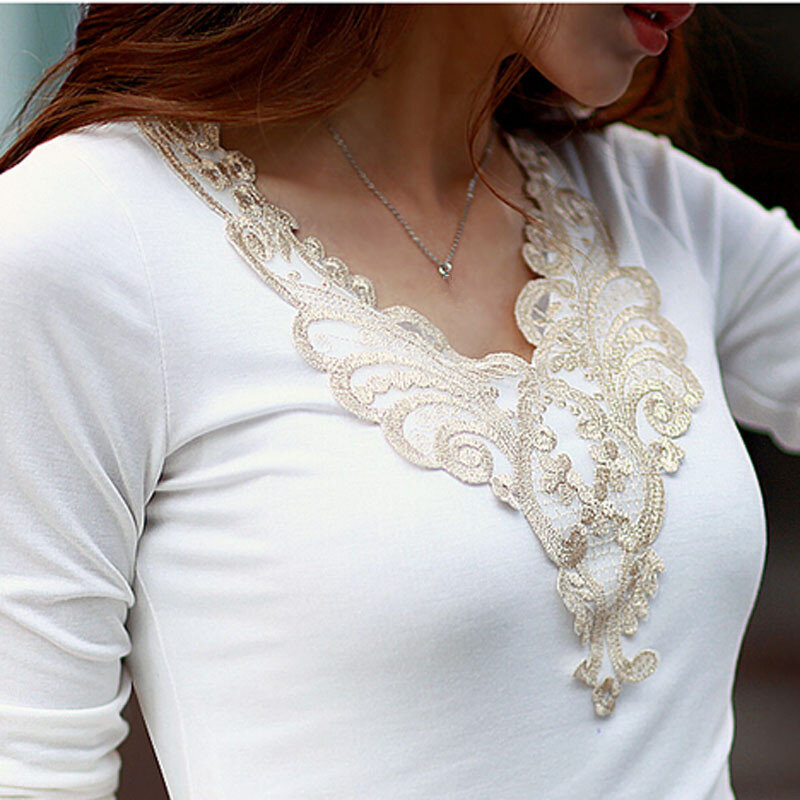 Женская кружевная блузка с v-образным вырезом, однотонная белая/черная блузка с длинными рукавами и вышивкой «кроше» на осень