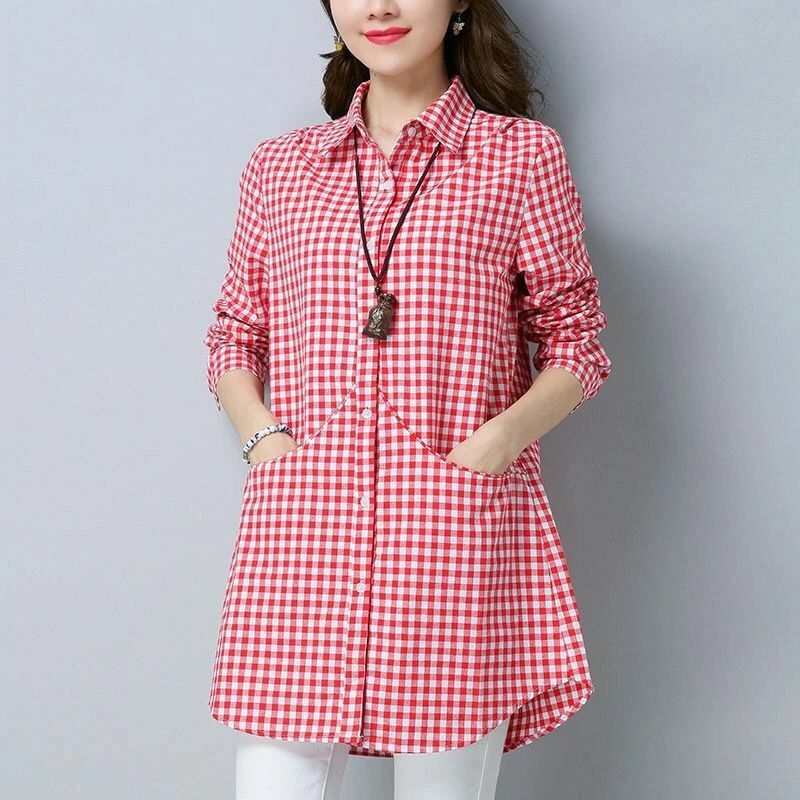 Vrouwen Oversize Plaid Shirt Met Zakken Dames Mode Elegante Blouses 2023 Lange Mouw Top Koreaanse Stijl Casual Kleding