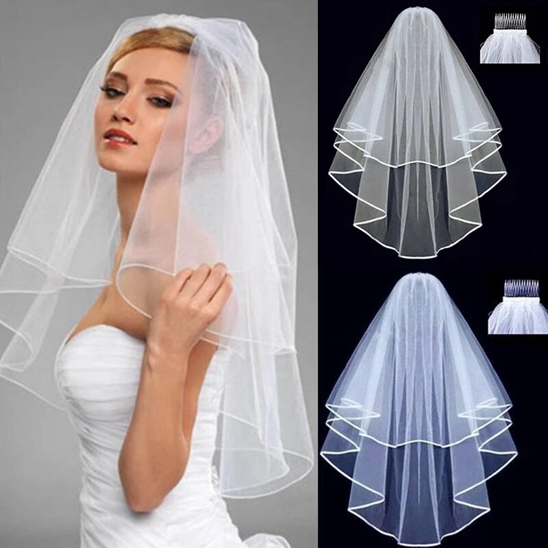 طرحة زفاف بحافة من طبقتين ، حجاب أبيض عاجي مع مشط ، حجاب زفاف بسيط ، حافة شريط ، بسيط