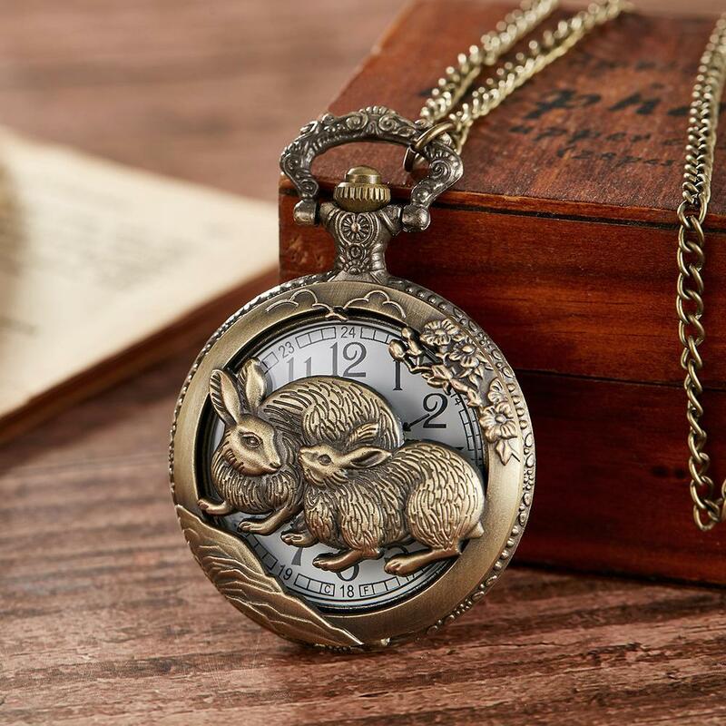 Jam saku uniseks klasik zodiak Cina gaya kelinci liontin jam tangan kalung rantai Steampunk Fob jam tangan reloj de bolsillo