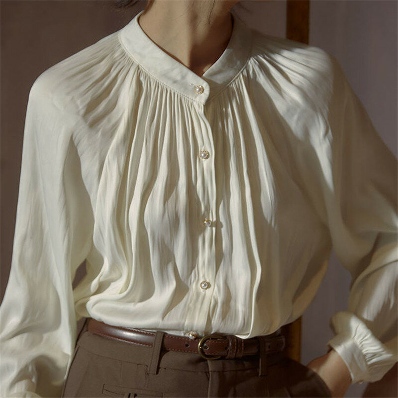 Women Blouse Shirt White Lantern Sleeve Vintage Pleated Satin Shirt Summer Autumn Long Sleeve Shirt Loose Office Ladies Tops