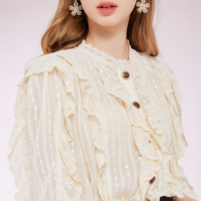Camisa feminina primavera artka 2021, camisa elegante de renda estilo palácio, chiffon, renda plissada, manga lanterna, camisa branca sa28012c