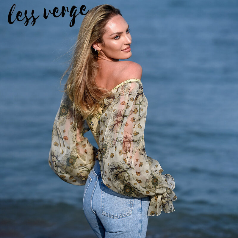 lessverge Vintage floral chiffon blouse shirt lantern sleeve ruffle off shoulder short top Women gold sexy autumn winter blusas