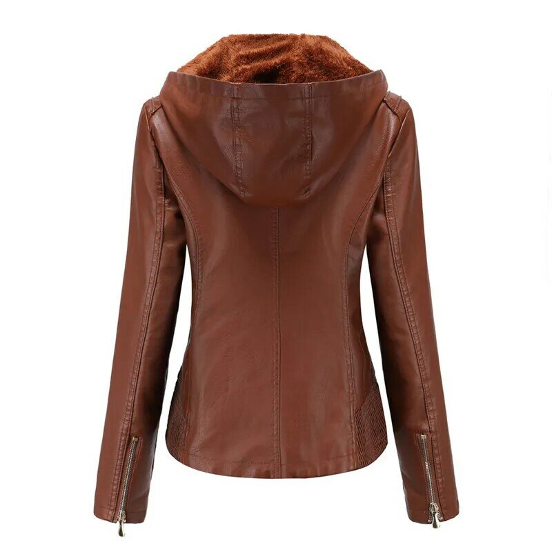 Veste en cuir PU pour femme, manteau court, ajouter du velours, chaud, rouge, noir, fermeture éclair, vêtements d'extérieur pour moto, automne, hiver