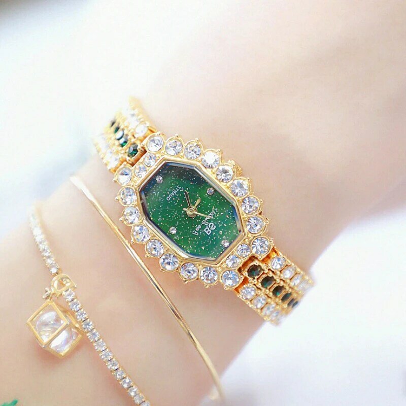 Relógio de pulso feminino luxuoso dourado com cristais e diamantes, bracelete de aço com fecho data, relógio de quartzo para mulheres, 2020