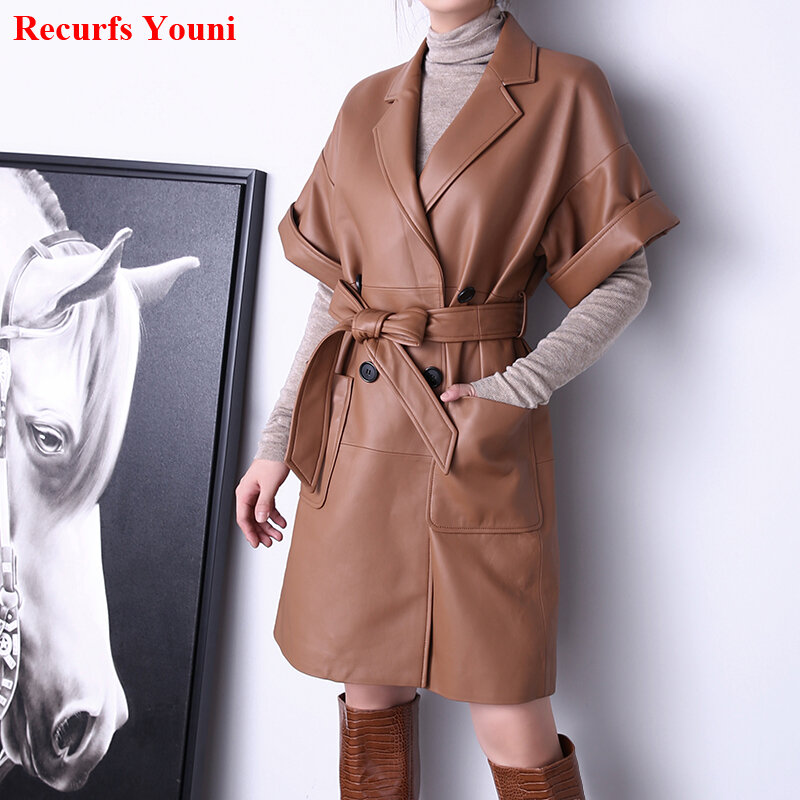Casaco de couro genuíno manga curta para mulheres, terno feminino elegante francês, bolsos de gola, jaqueta longa, suéter chique, 2023