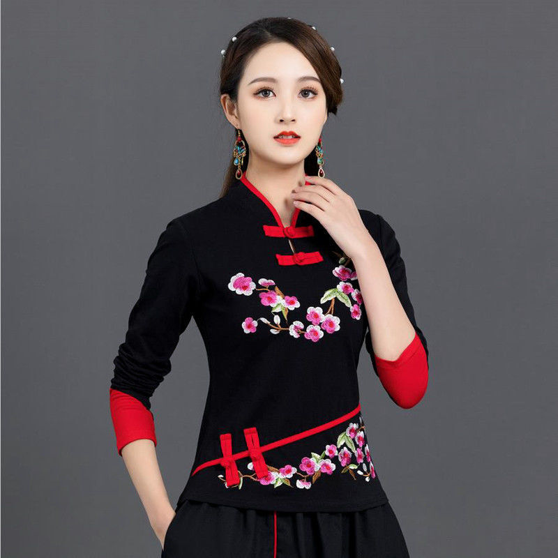 Cheongsam ผู้หญิง Plus ขนาดเสื้อยืด2023ฤดูใบไม้ผลิใหม่ผสมผ้าฝ้ายเย็บปักถักร้อยคอตั้งสไตล์จีน Qipao เสื้อผู้หญิง