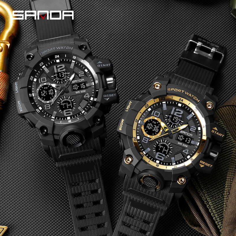 2021 Sanda Sport Militaire Mannen Horloges Waterdicht Dual Display Quartz Horloge Voor Man Klok Stopwatch Relogios Masculino