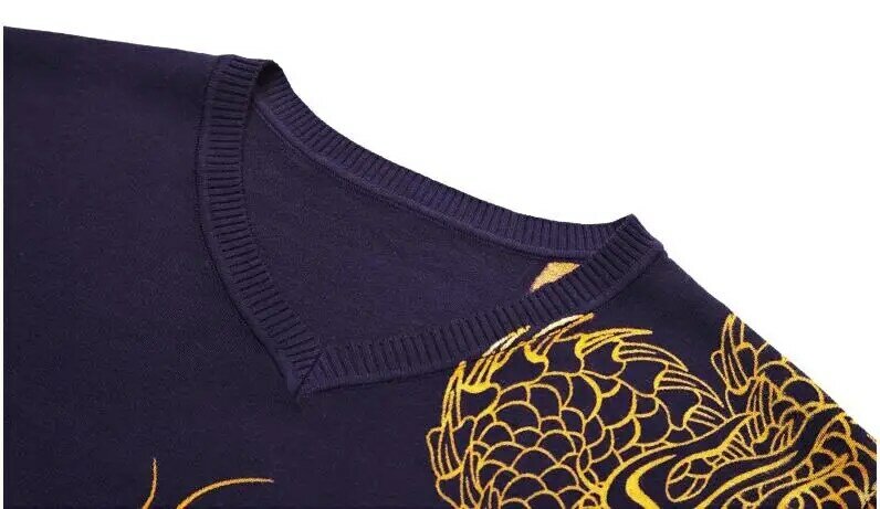 V Neck nowy bawełniany nadruk z długim rękawem męski tatuaż smok Design wiosna jesień cienki sweter z dzianiny