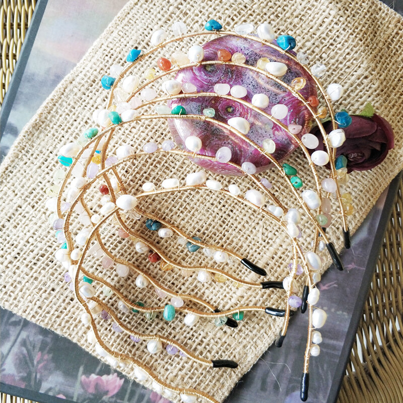 Perhiasan Disesuaikan Pita Rambut Gelombang Mutiara Air Tawar Alami Pita Rambut Giok untuk Wanita Retro Peri Ikat Kepala Hadiah Aksesori