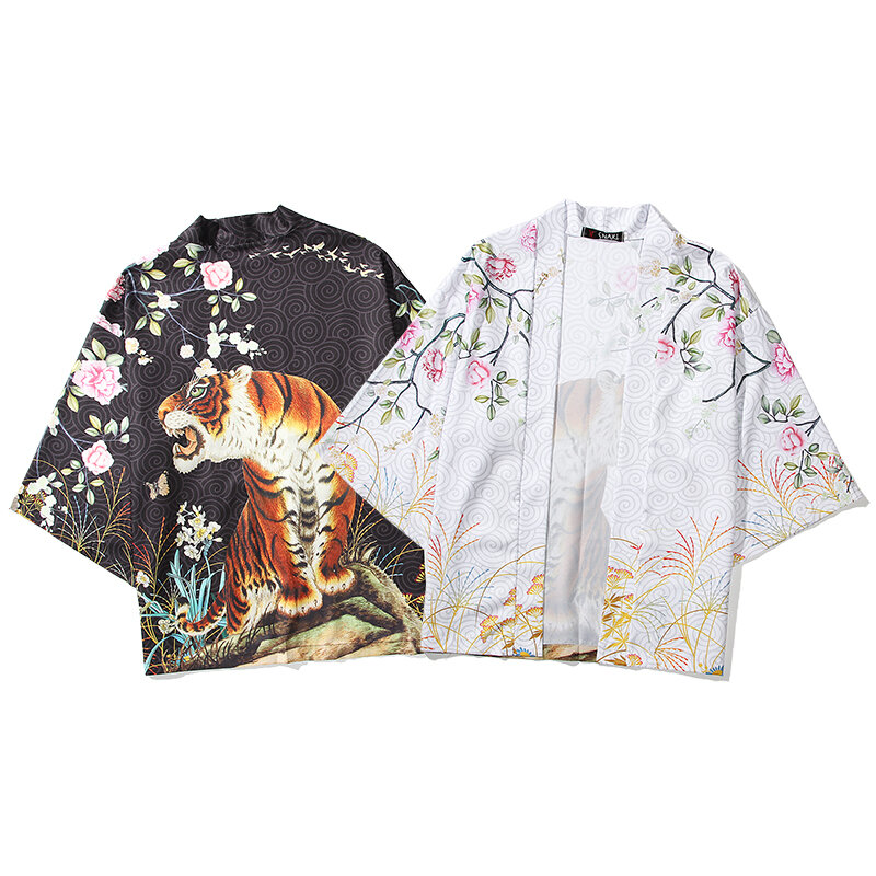 Yukata-camisas de estilo Harajuku para hombre, ropa de calle, disfraz de Samurai, Haori, Kimono, japonés, estampado de tigre tradicional, Verano