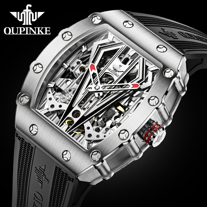 Oupinke relógio de pulso masculino de marca de luxo, automático, mecânico, da moda, esqueleto, pulseira de silicone, esportivo, à prova d'água