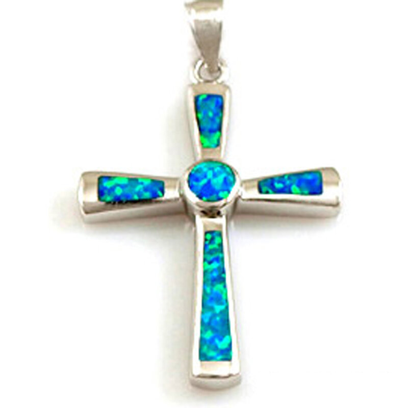 Antique Style Sterling Silver Blue Fire Opal Cross Pendant Necklace